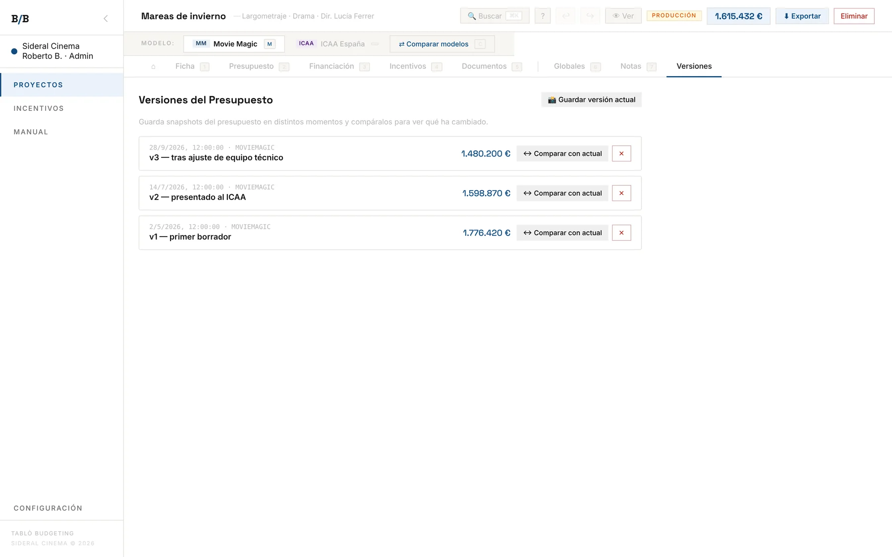 Versiones del presupuesto: v1 primer borrador, v2 presentado al ICAA y v3 tras ajuste de equipo, cada una con su total y un botón para compararla con la actual.